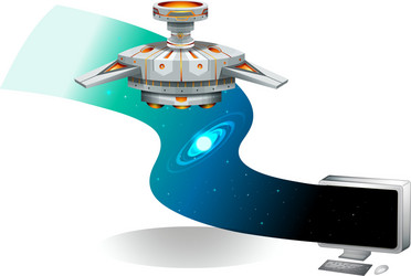 computer screen with spaceship flying in the space vector image
