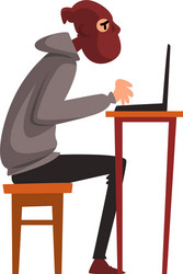 hacker in disguise sitting at desktop and working vector image