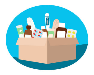 Cardboard box with medicines pills bandages vector