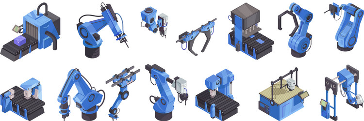 Isometric robot automation color icon set vector