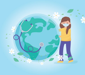 girl with medical mask and healthy world vector