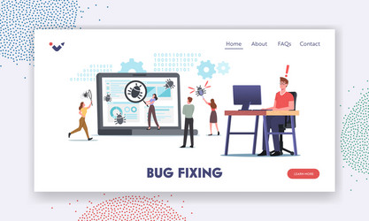 Tiny characters fixing bugs on huge pc landing vector