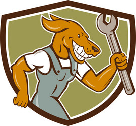 dog mechanic running with spanner crest cartoon Vector Image
