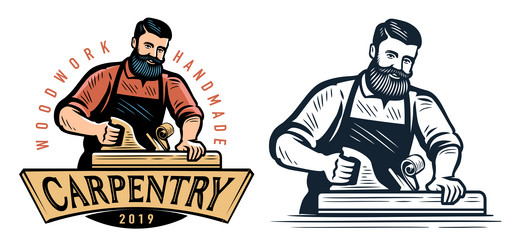 Carpenter with planing tool carpentry work Vector Image