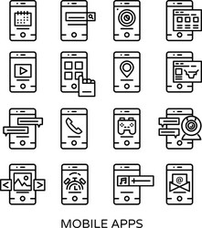 Mobile application line icon set vector