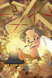 inventor with stack of broken light bulb vector image