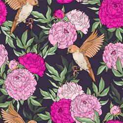 Pink peony and birds seamless pattern vector