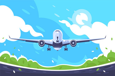 Flat aircraft takes off on blue sky background vector