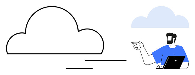 man with laptop pointing at cloud conceptualizing vector image