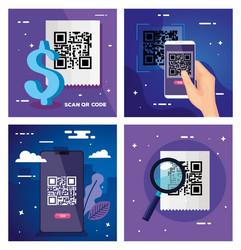 set poster scan code qr and icons vector image