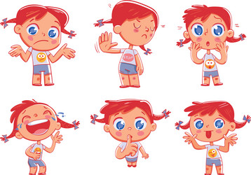 Cute Pigtailed Girl - Emotion Stickers Vector Image
