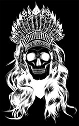 white silhouette of skull head with the indian hat Vector Image