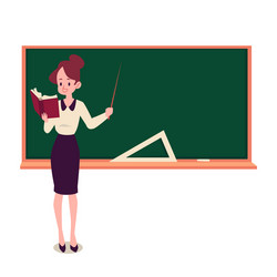 Female teacher stands at blackboard holding book vector