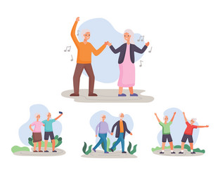 Four active seniors couples practicing activities vector