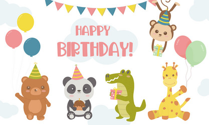 birthday card with cute animals soft color vector