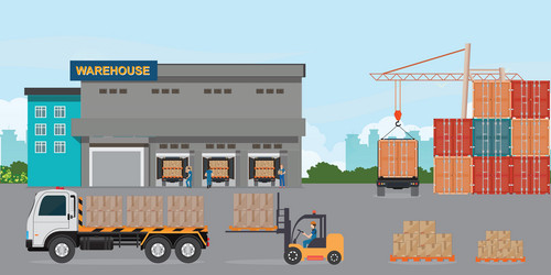 Logistic warehouse with storage truck workers vector