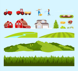 village workers and fields cartoon objects set vector