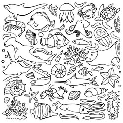 Ocean Doodle Set - Marine Elements Vector Image