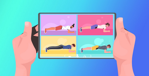 Men doing yoga fitness exercises on tablet screen vector