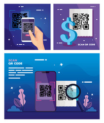 set poster scan code qr and icons vector image