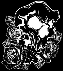 white silhouette of skull with roses on black Vector Image