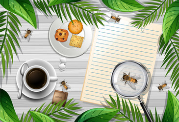 top view wooden table with office objects vector image