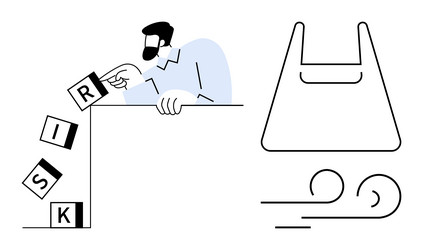 man calculating risk by placing lettered blocks vector image