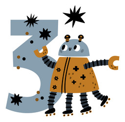 cute robot with number three kid birthday vector