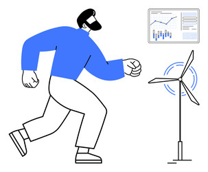 man running towards wind turbine with data chart vector image