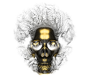a golden skull made up of many tiny dots creating vector image