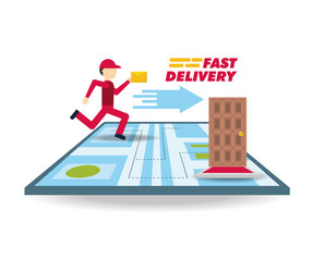 Delivery courier with message and map ubication vector