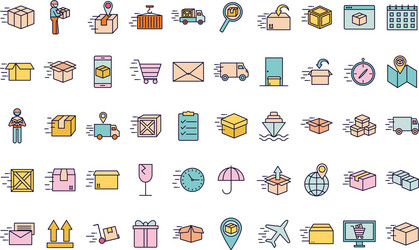 Fast delivery line and fill style icon set vector