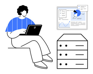 professional analyzing data on laptop with server vector image