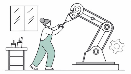 technician monitoring robotic arm for quality vector image