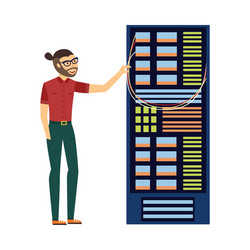 man at server rack data center vector image