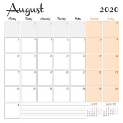 august 2020 monthly calendar planner printable vector