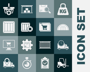 Set forklift truck logistics delivery and clock vector