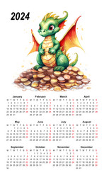 calendar 2024 dragon watercolor chinese template Vector Image