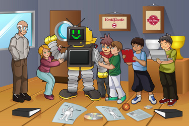 students working on robot experiment vector image