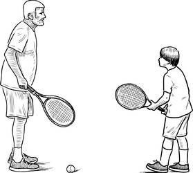 An elderly man playing tennis with his grandson vector