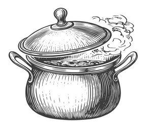 Simple pot with boiling water outline Royalty Free Vector