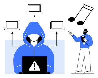 hacker in a hoodie accessing multiple devices vector image