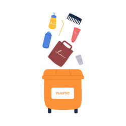 Plastic garbage waste in orange trash container vector