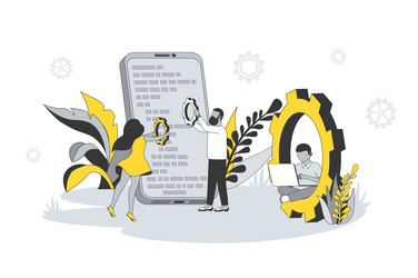 team developing apps concept in flat line design vector image