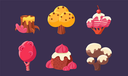 Cute sweet candy trees set fantasy elements vector