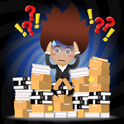 Confused business woman sit on pile of documents vector