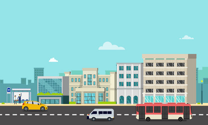 cityscape with bus stop cars and people vector