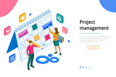 Isometric project manager updating tasks vector