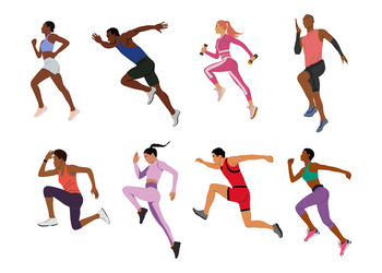 Runners set male and female athletes running vector