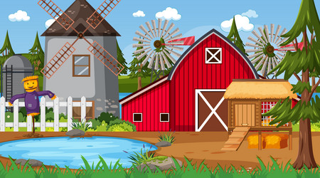 Farm scene with red barn Royalty Free Vector Image